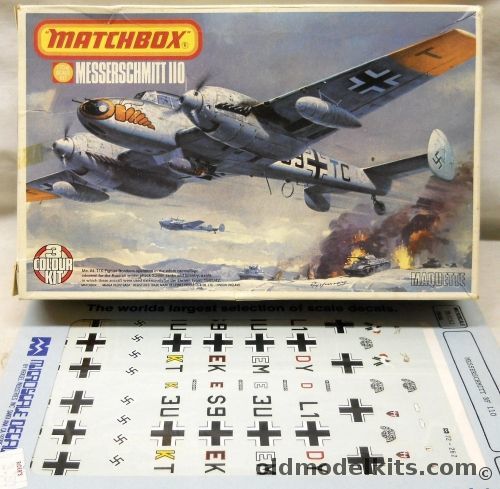 Matchbox 1/72 Messerschmitt Bf-110 D-2 / Bf-110 C-3 With Microscale Decal Set - 11/ZG1 'Westpen'  Russia Winter 1941-42 / 6/ZG 76 'Hailfisch'  France Sept. 1940, PK-115 plastic model kit